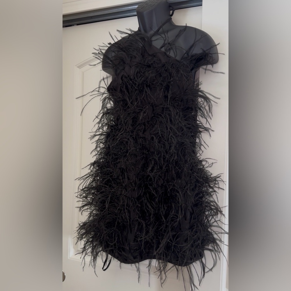 NWT! “Gianni Bini” Ostrich Feathered Black Mini Dress
